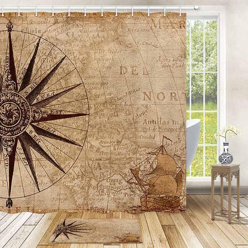 Large brown compass rose on an aged parchment sea chart with a galleon