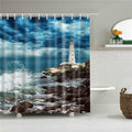 White lighthouse on a rocky coast with foaming waves under a cloudy sky
