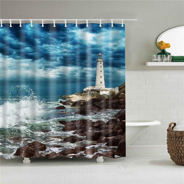 White lighthouse on a rocky coast with foaming waves under a cloudy sky