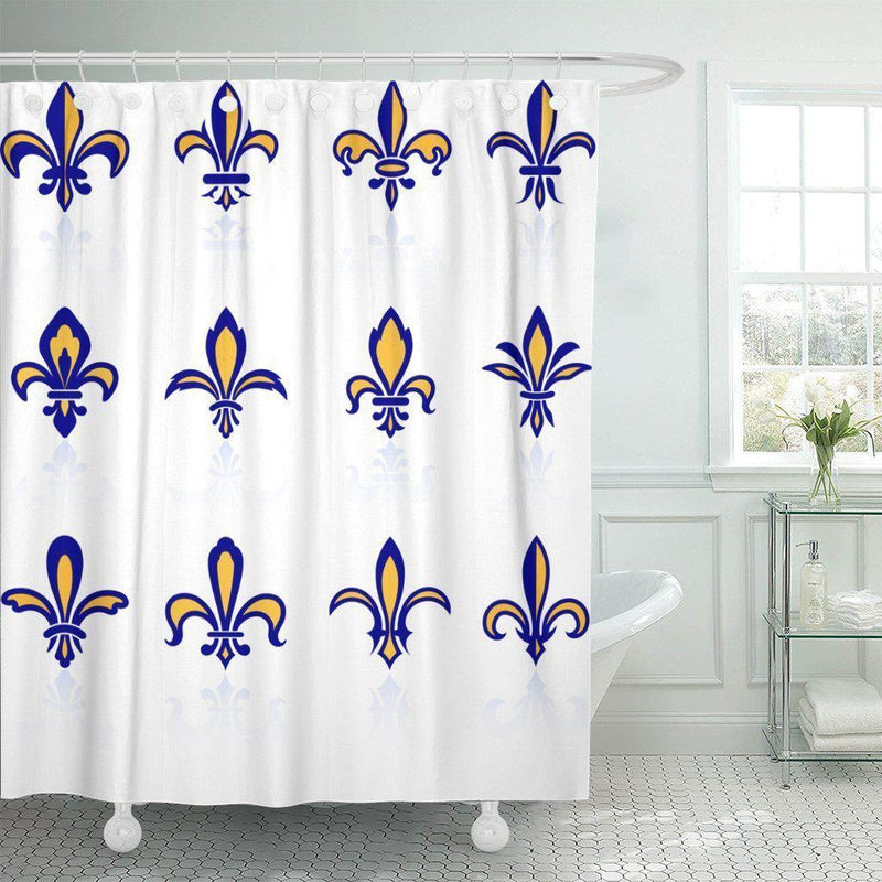 Grid of navy fleur de lis outlined in gold on a pure white ground