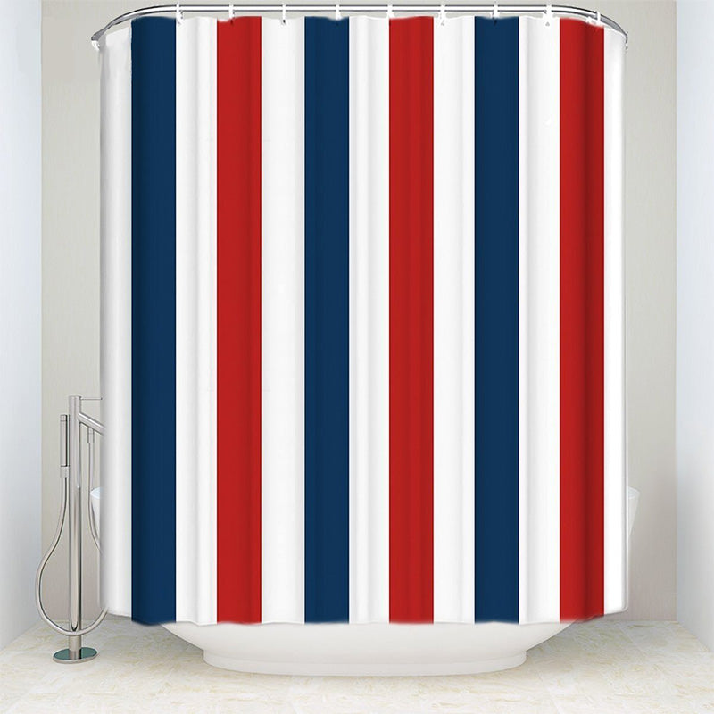 Wide vertical stripes alternating navy red and white down the full drop
