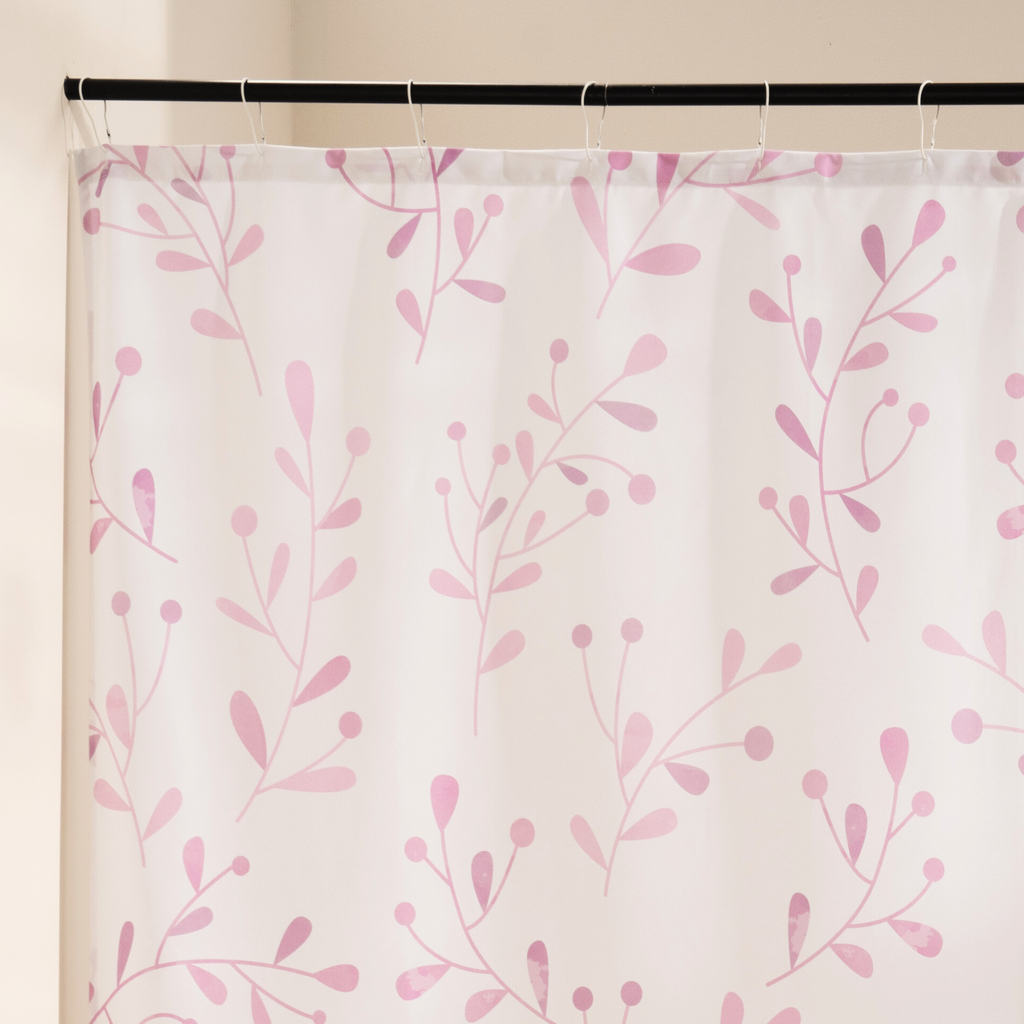 Close detail of a painted pink sprig on the cream woven ground
