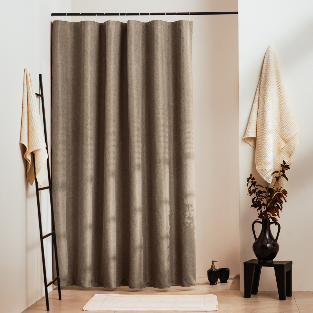 Plain taupe greige panel with a fine linen-look grain and straight fall