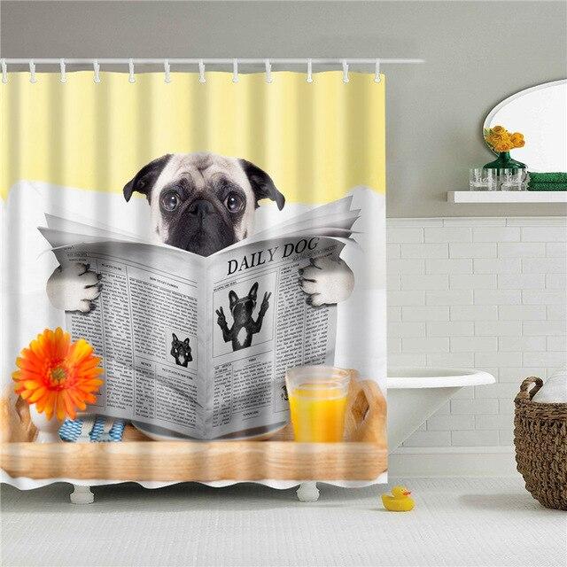 Pug holding an open Daily Dog newspaper while sitting in a bathtub