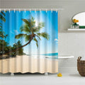 Coconut palm leaning over pale sand with turquoise sea and white rollers