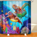 Two painted sea turtles swimming above purple orange and green corals