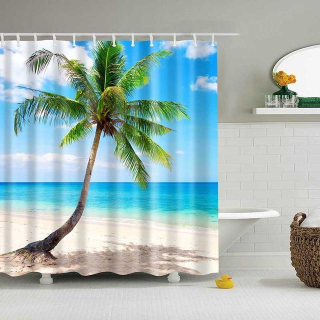 Turquoise sea fading to the horizon with a leaning palm on white sand