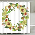 Watercolour ring of halved avocados green leaves and olives on white