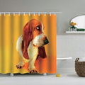 Basset hound sitting in profile against a bright orange and yellow gradient ground