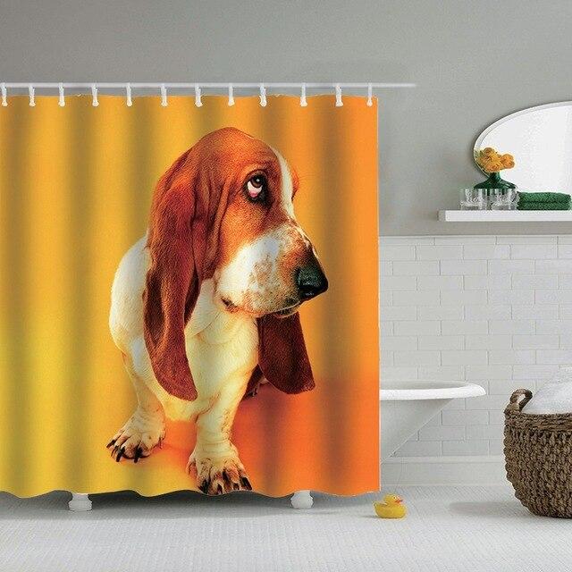 Basset hound sitting in profile against a bright orange and yellow gradient ground