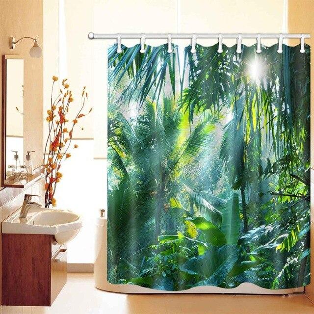 Sunbeams crossing a jungle understorey with backlit emerald palms and ferns