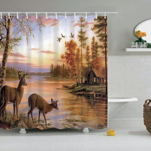 Two deer by a lake before a log cabin with ducks flying at sunset