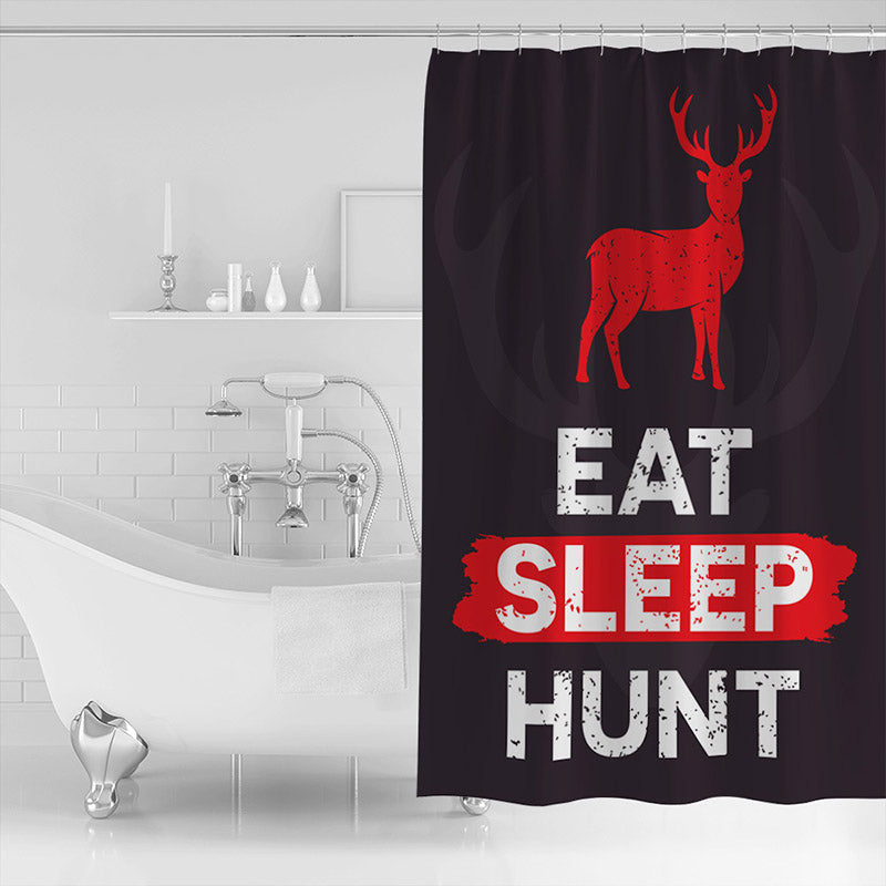 Red deer silhouette on black above a worn hunting slogan in white and red