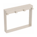 Beige double-sided caddy hooked over a glass shower screen holding bottles
