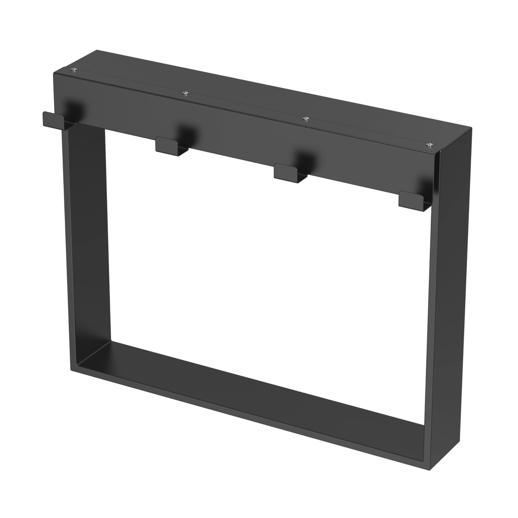 Close view of the black caddy hook resting on the glass panel edge
