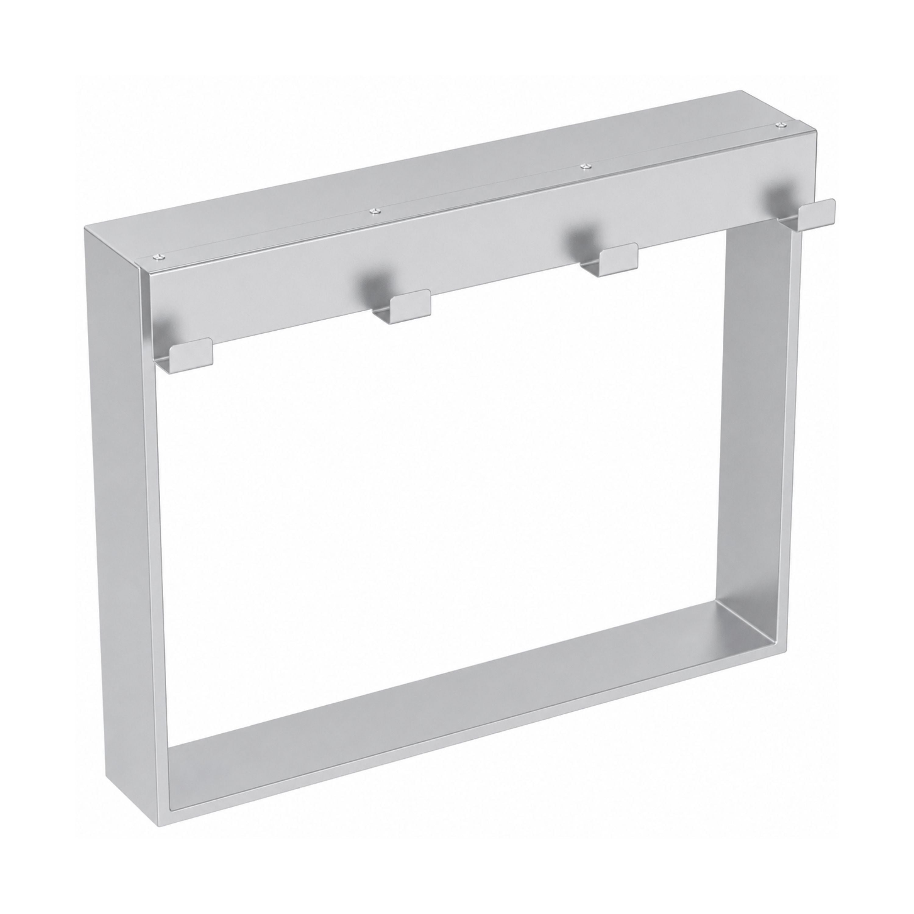 Silver double-sided caddy hanging on a glass shower screen with bottles