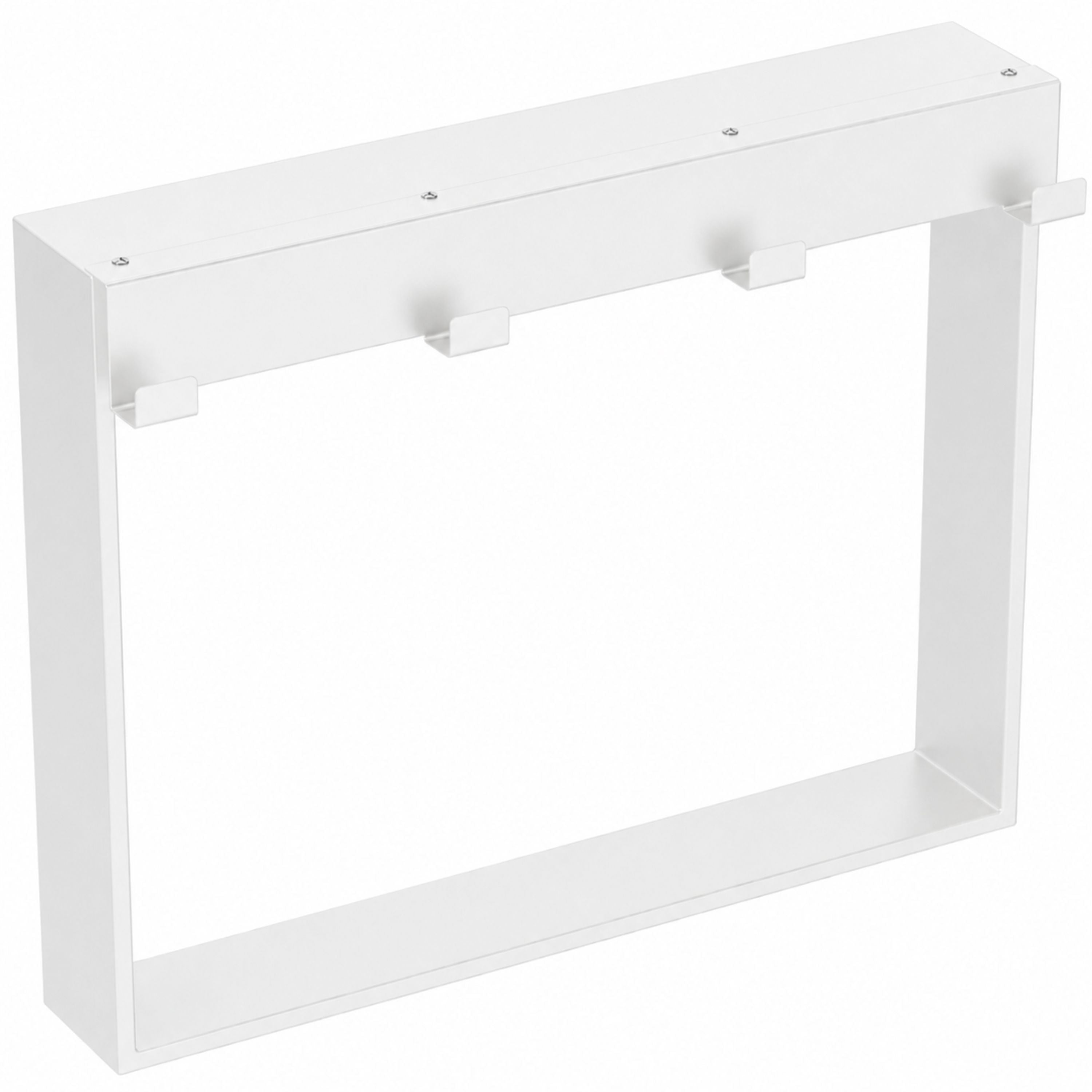 White double-sided caddy hooked over a glass shower screen holding bottles