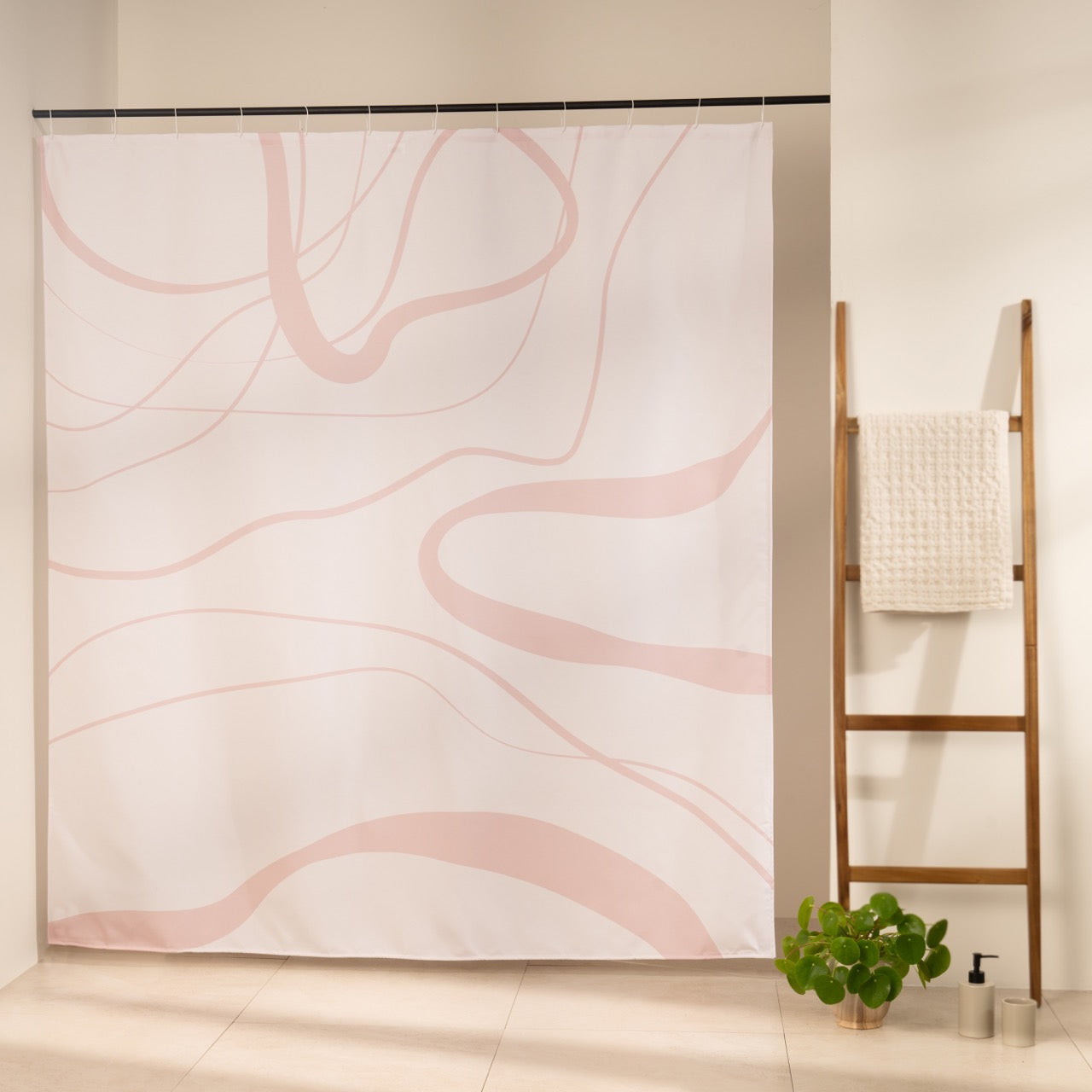 Wide soft pink swirls and fine curved lines on an off-white ground