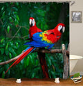 Two scarlet macaws perched on a branch against dark green jungle foliage