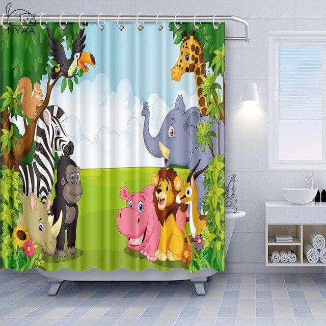 Cartoon giraffe, zebra, elephant and toucan smiling among green jungle leaves