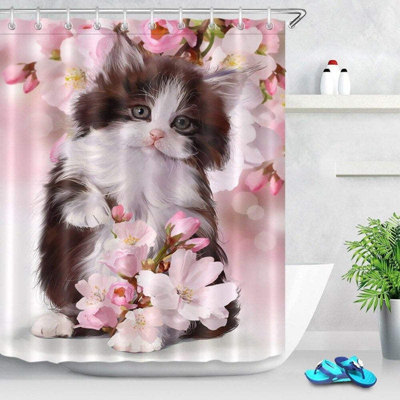 Chocolate brown and white kitten on a pink gradient with cherry blossom