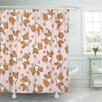 Dense scatter of russet orange corgis and paw prints on powder pink