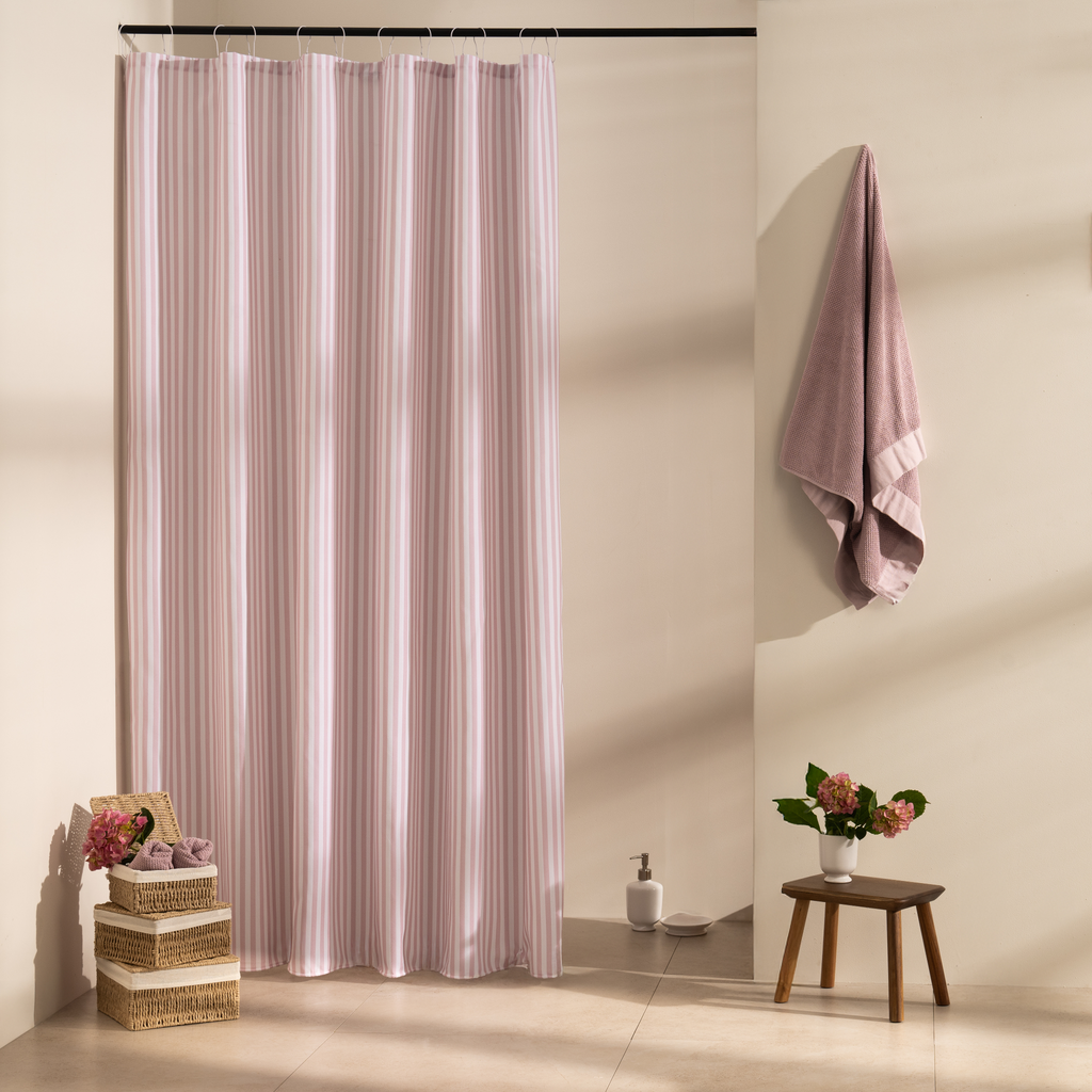 Mauve pink stripes alternating evenly with white on matte fabric