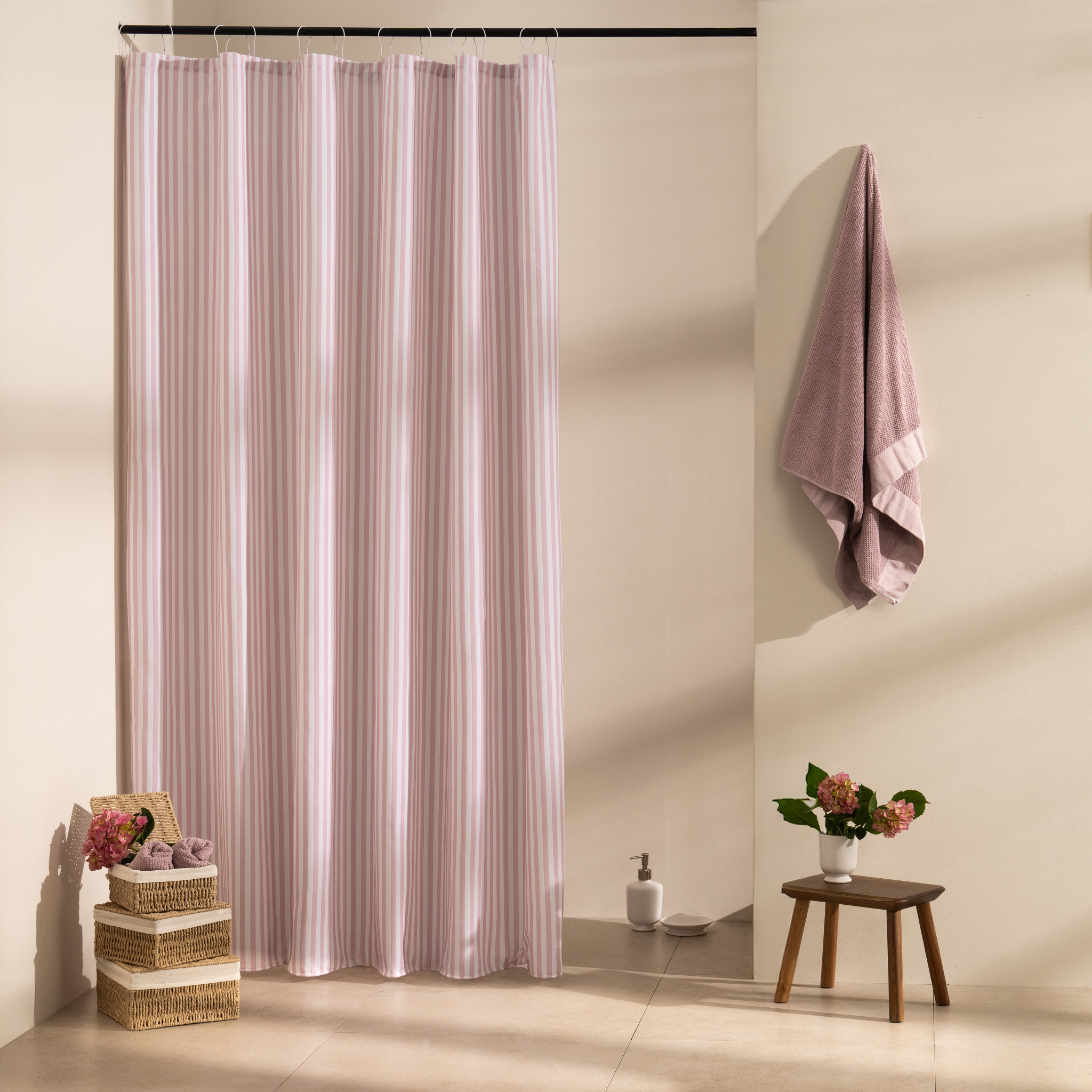 Mauve pink stripes alternating evenly with white on matte fabric