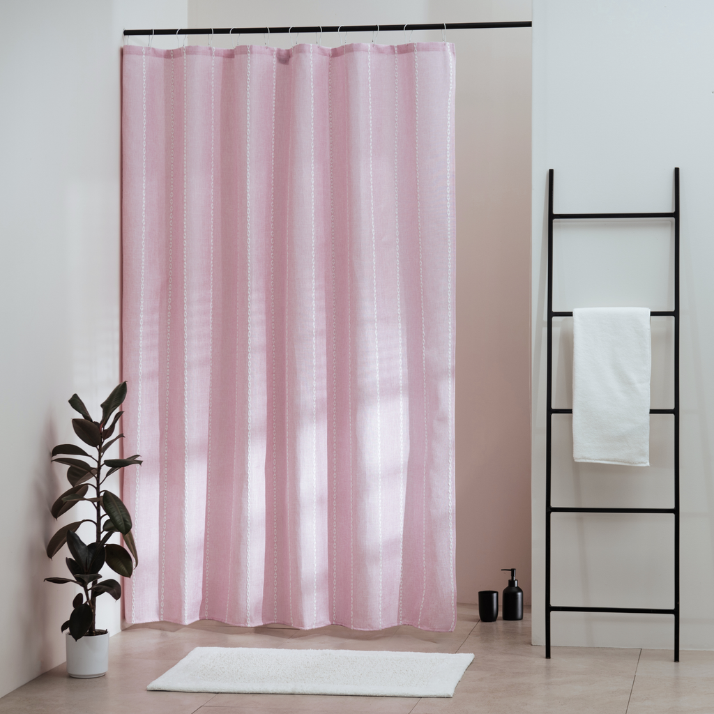 Plain powder pink panel with very fine tone on tone woven stripes