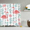 Two pink flamingos among scattered pink flowers and grey green foliage on white