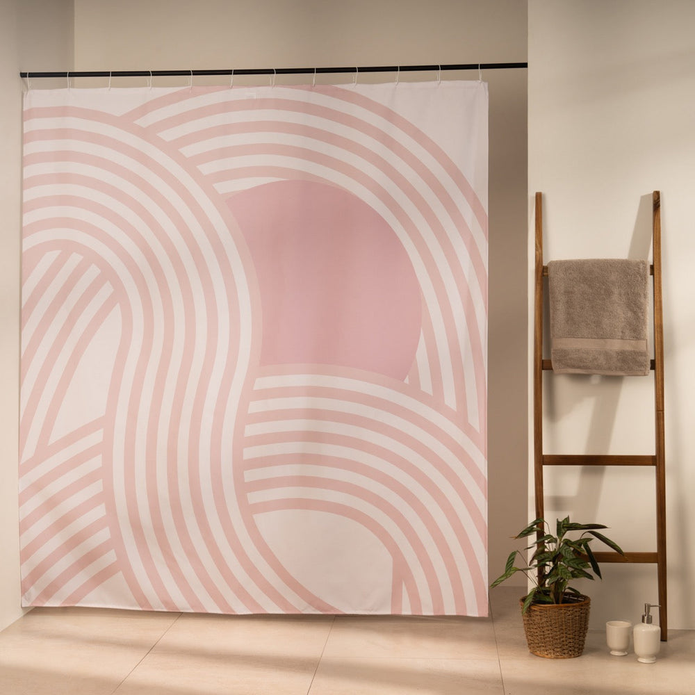 Wide pink bands arcing across an off-white curtain ground in rhythm