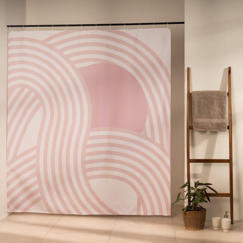 Wide pink bands arcing across an off-white curtain ground in rhythm