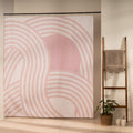 Wide pink bands arcing across an off-white curtain ground in rhythm