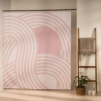 Wide pink bands arcing across an off-white curtain ground in rhythm
