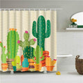 Cluster of green cacti in colourful pots against a striped cream background