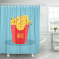 Red cone of yellow fries on a flat blue ground in solid graphic areas