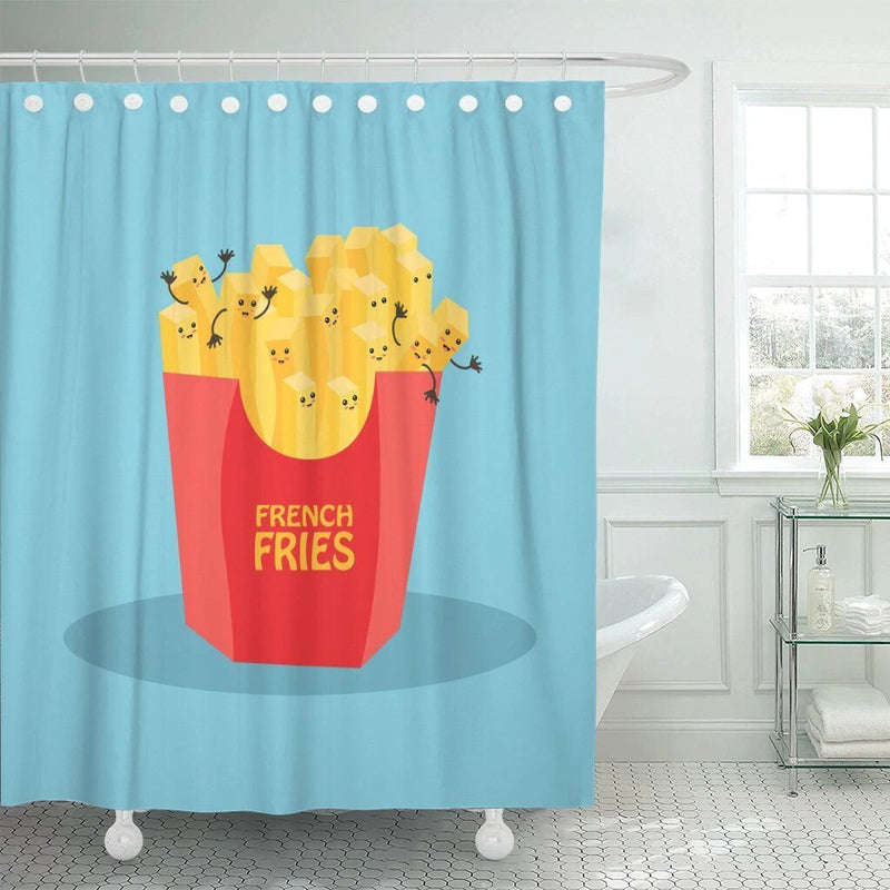 Red cone of yellow fries on a flat blue ground in solid graphic areas