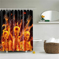 Three skeletons formed from red orange flames against a smoky black fabric ground