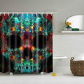 Black negative skull at the centre of a symmetrical turquoise and red fractal burst