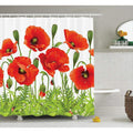 Bright red poppies above green grass and ladybirds on a white ground