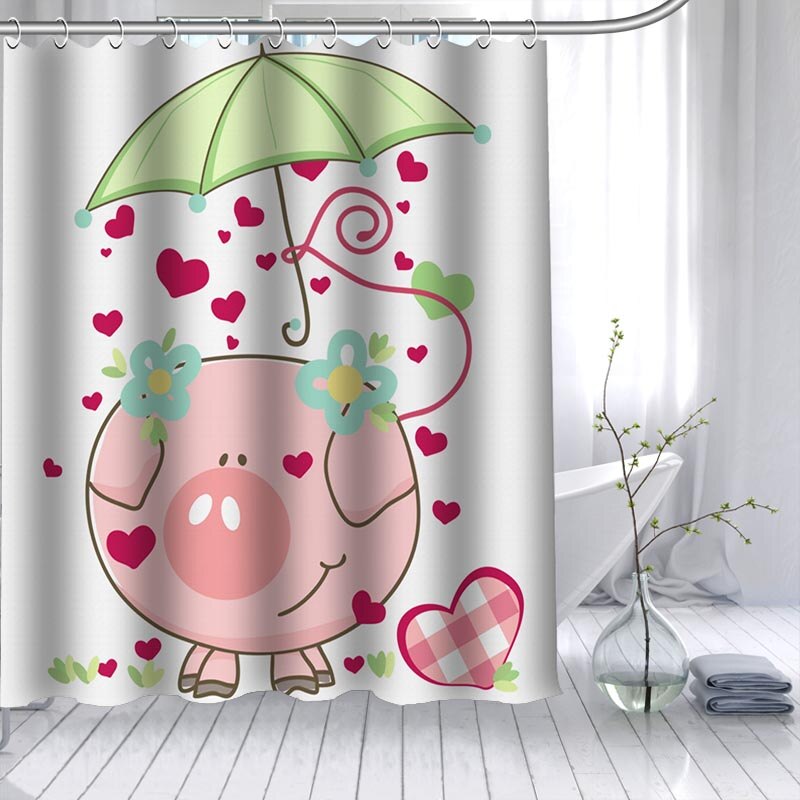 Red hearts raining over a cartoon pink pig holding a green umbrella