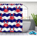 Wavy navy and white bands scattered with small red crabs down the panel