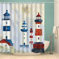 Three lighthouses painted in red and white bands against a pale cream ground