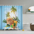 Palm trees, straw hat, pineapple and cocktails set under a blue holiday sky