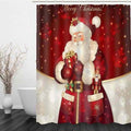 Old-fashioned Santa with a gift and nutcracker on deep red with snowflakes
