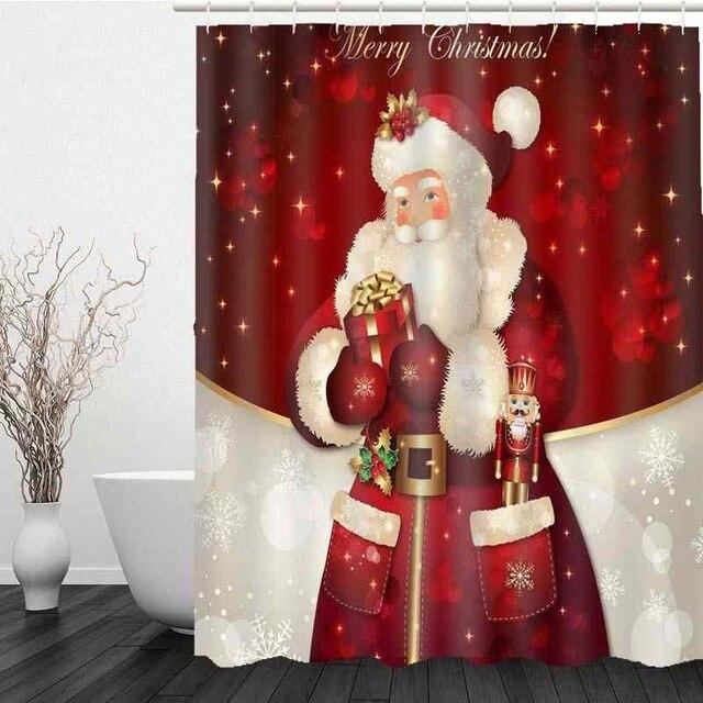 Old-fashioned Santa with a gift and nutcracker on deep red with snowflakes
