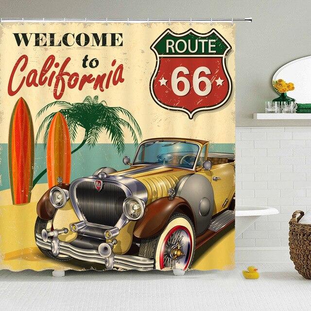 Textured California poster with a Route 66 badge and yellow vintage convertible