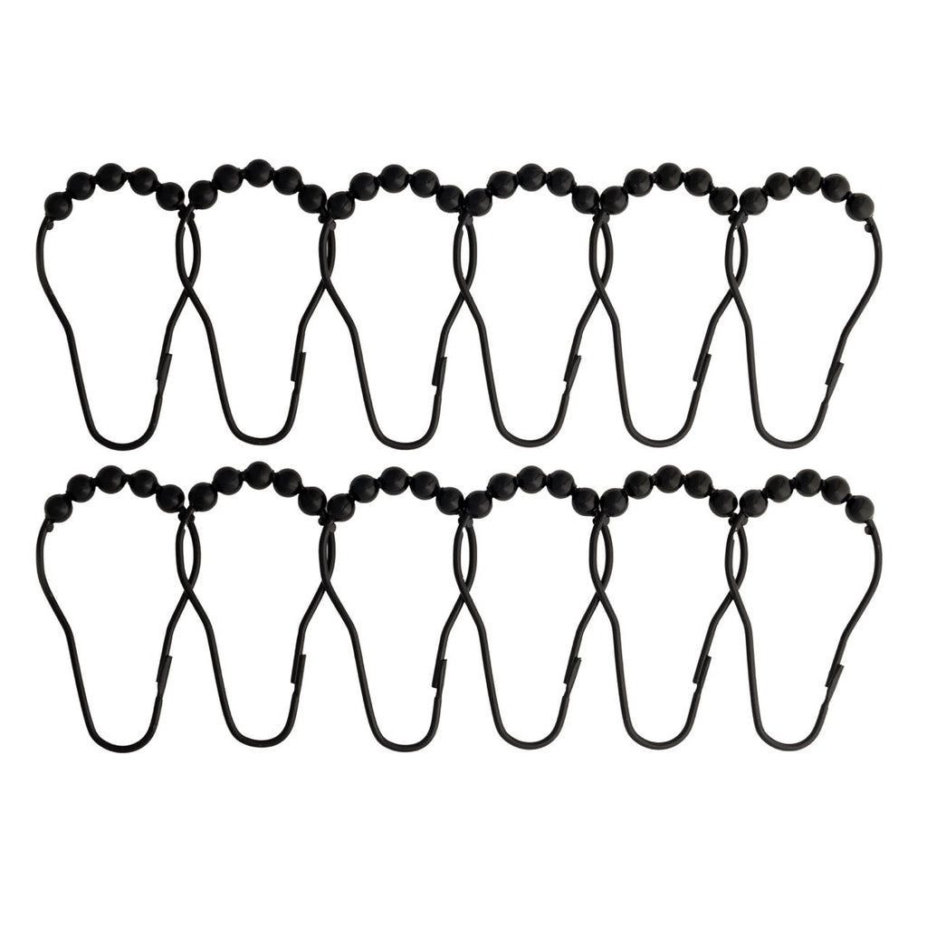 Twelve matte black curtain rings with beaded crowns and closed loops