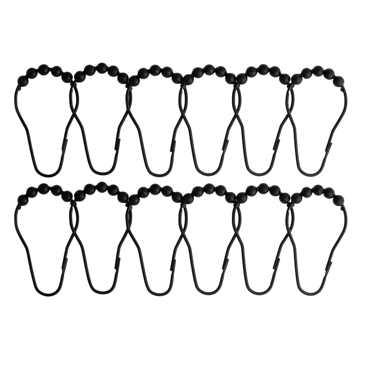 Twelve matte black curtain rings with beaded crowns and closed loops