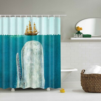 Giant whale swimming beneath a sailing boat with the waterline splitting the panel